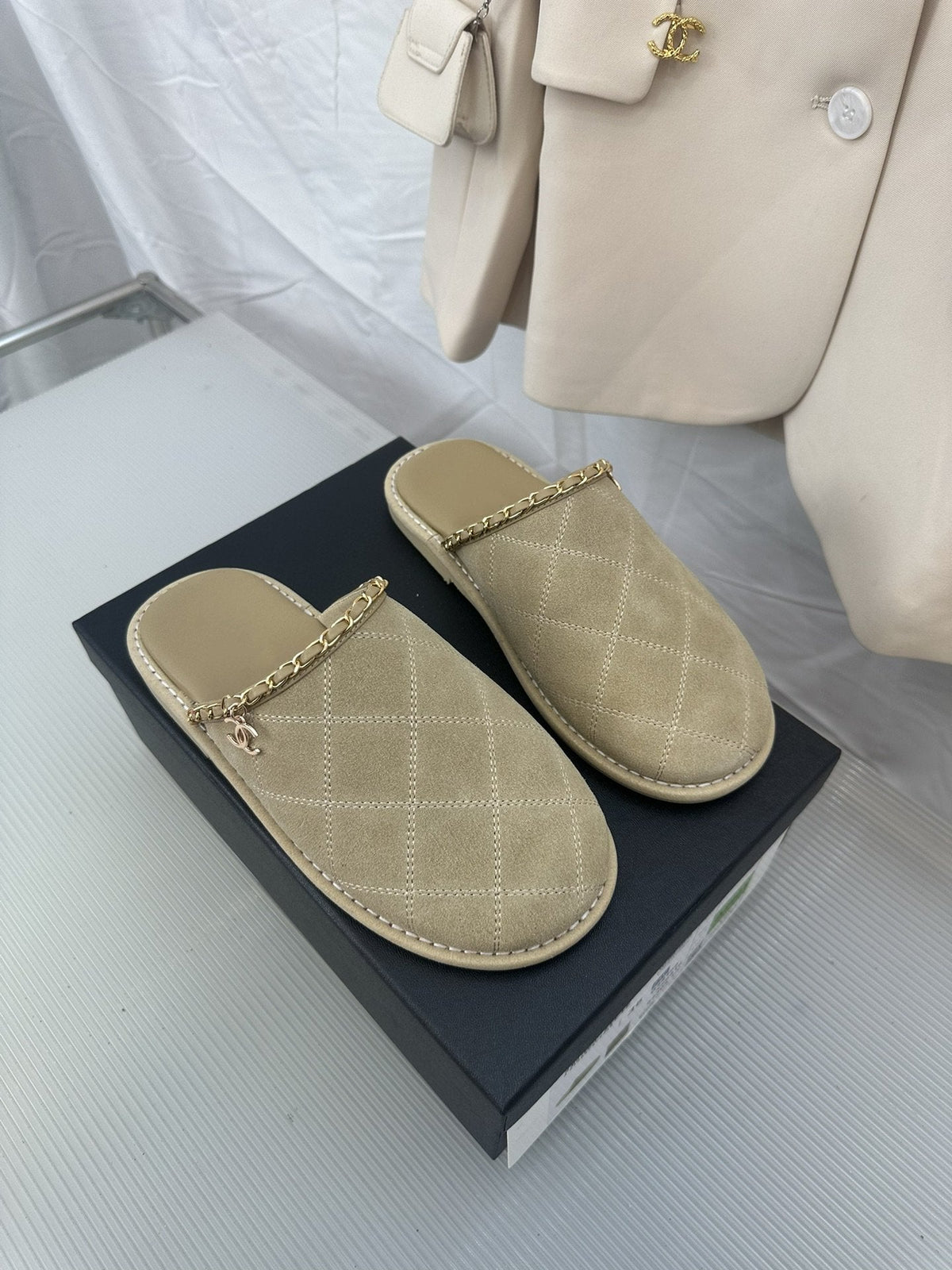 CHANEL Khaki Green Suede Gold Chain Mules