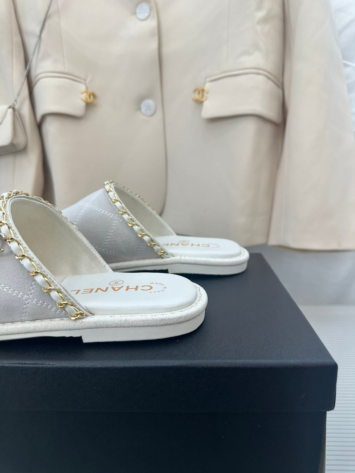 CHANEL White Suede Gold Chain Mules